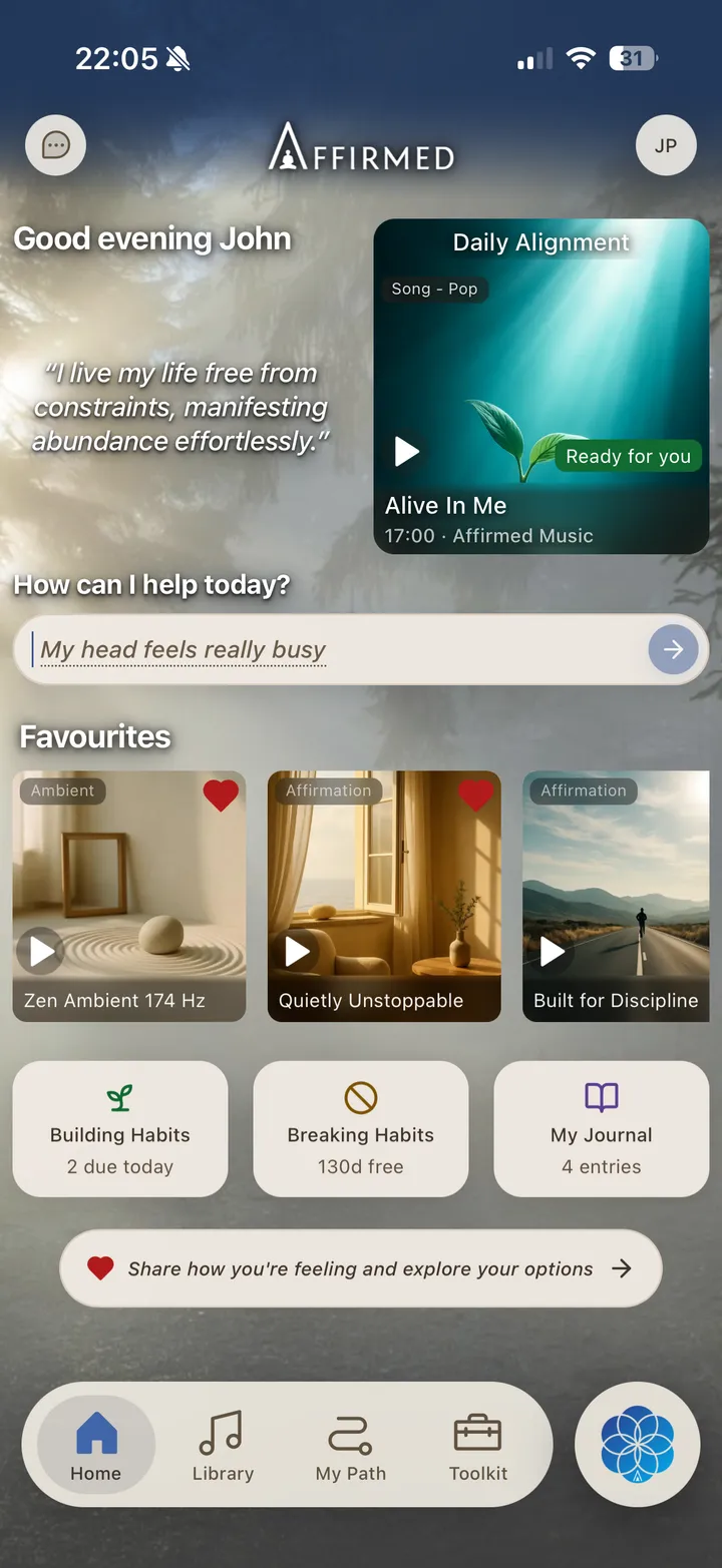 The Affirmed home screen: a greeting, the day's identity statement, a Daily Alignment track ready to play, a box to say how you are feeling, favourites, and tiles for habits and the journal